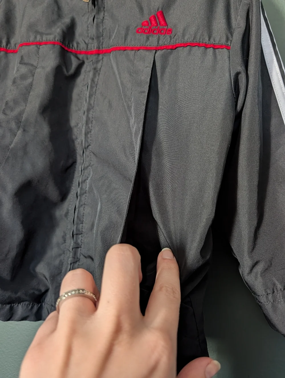 adidas Kids Black Jacket with Red Accents and White Stripes 18month 🦖